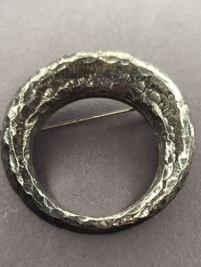 Textured Round Hammered Brooch - Silver Tone
